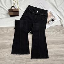Black plus suede micro-Lajeans woman autumn winter 2024 new high waist display slim fit fur side horseshoe horn pants