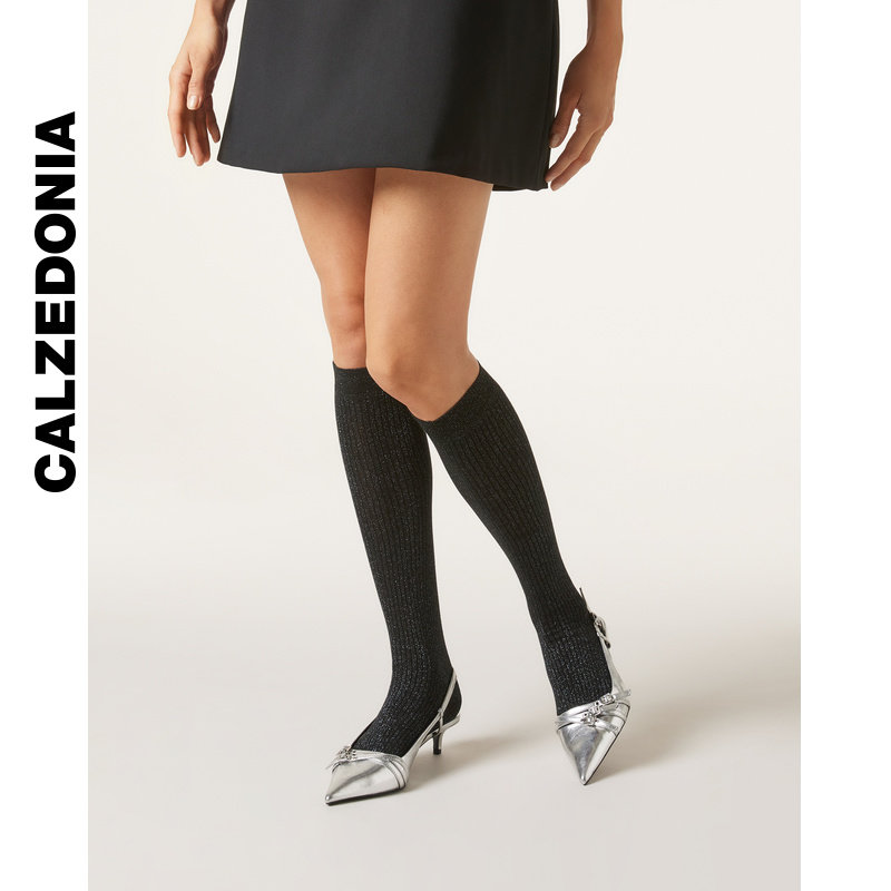 CALZEDONIA卡泽意袜女士时尚舒适闪片罗纹棉质及膝小腿JK袜DL0387,淘宝优惠券,粉丝福利购,淘宝优惠卷
