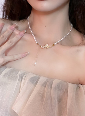 奈斯蝴蝶结珍珠拼接项链