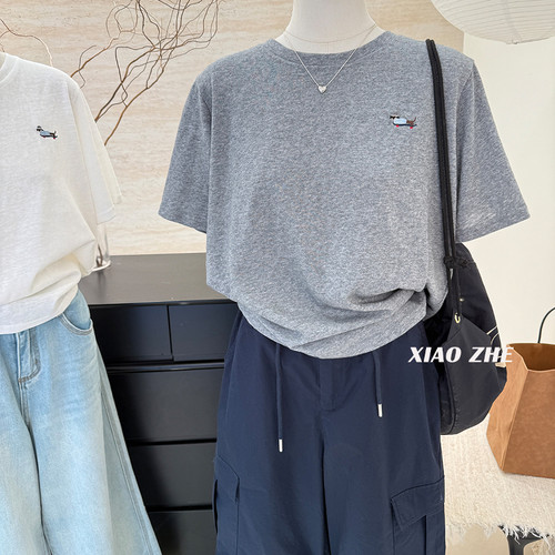 刺绣腊肠狗宽松条纹短袖t恤女2026夏季新款薄款舒适棉休闲tee上衣 - 图1