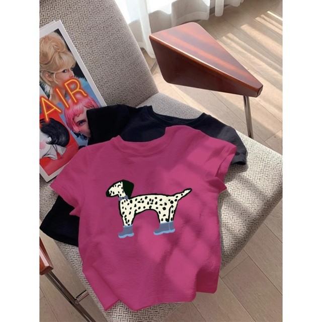 Lake Blue Dalmatian Cartoon Print Short Sleeve T-Shirt Round Neck Slim Fit Short Top Half Sleeve Women 2025 New Summer