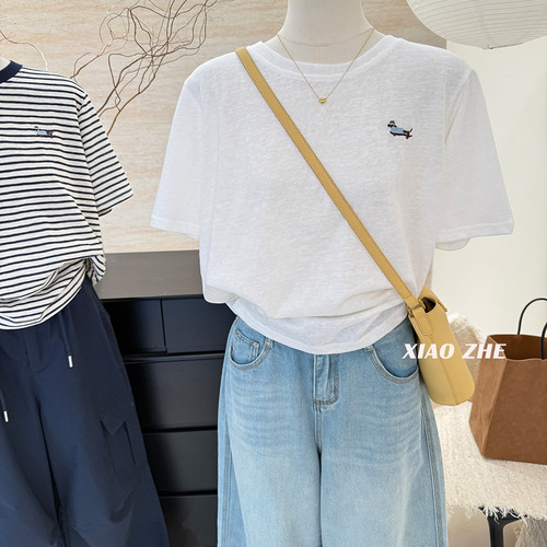 刺绣腊肠狗宽松条纹短袖t恤女2026夏季新款薄款舒适棉休闲tee上衣 - 图0