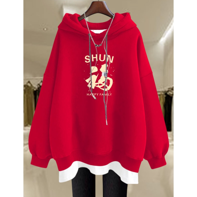 秋冬本命年国风好运宽松大码红色卫衣连帽加绒长款新年衣服女外套