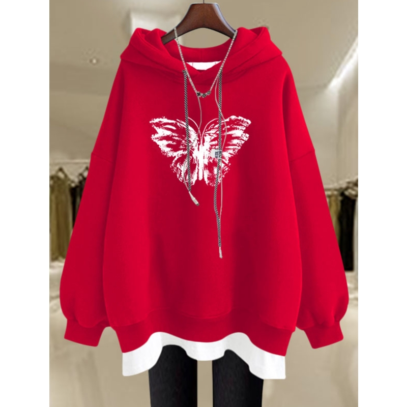 秋冬本命年国风好运宽松大码红色卫衣连帽加绒长款新年衣服女外套