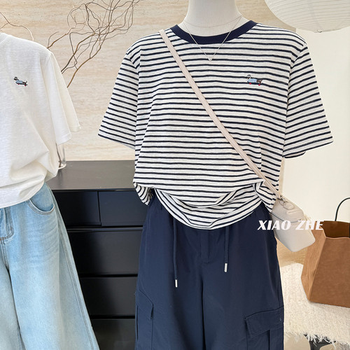 刺绣腊肠狗宽松条纹短袖t恤女2026夏季新款薄款舒适棉休闲tee上衣 - 图2