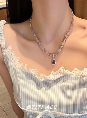 蓝色滴釉气球小狗吊坠水晶串珠项链女小众清新甜美可爱百搭锁骨链