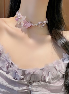 紫色花簇水晶蝴蝶双层choker项链