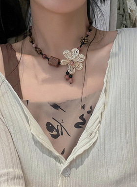 花朵木质编织项链女新中式民族风