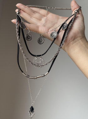 废土风多层叠戴黑色皮绳项链女波西米亚民族风长款锁骨链个性颈链