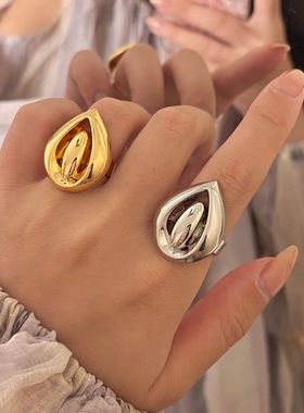 ins风金属质感螺纹牛角包宽版戒