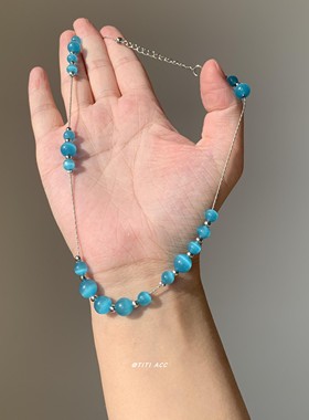 小清新蓝色圆珠猫眼石项链夏日小众设计高级感简约锁骨链个性颈链