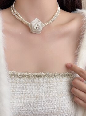 超仙玫瑰花流苏项链女法式复古小众高级感长款抽拉锁骨链颈链配饰