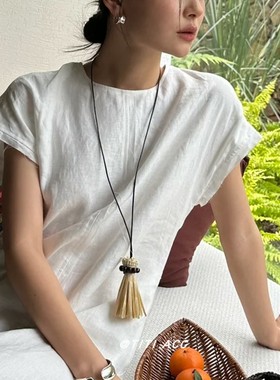 拉菲草扫把黑绳长款项链小众独特简约穿搭配饰2025新款毛衣链颈链