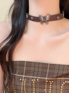 暗黑涩谷蝴蝶皮质项链朋克choker