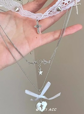 甜酷风蕾丝爱心十字架多层项链女配饰choker锁骨链轻奢高级感颈饰
