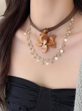 复古vintage皮质choker咖色虎眼石花朵项链女小众独特气质锁骨链