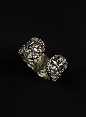 中古vintage银色镶钻花朵戒指女轻奢高级感指环精致百搭食指戒潮