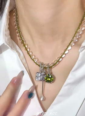 夏日青提水晶串珠拼接锆石流苏项链冷淡风气质时尚个性锁骨链颈链