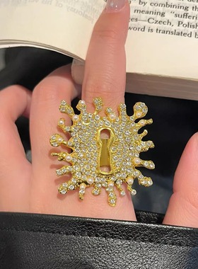 欧美爆裂满钻珍珠锁孔戒指女款复古个性开口指环2025新款夸张手饰