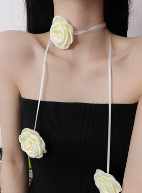 玫瑰花朵项链女高级感布艺锁骨链