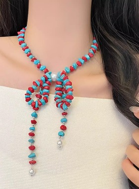 波西米亚彩色串珠蝴蝶结项链女复古文艺珍珠锁骨链时尚气质款颈饰