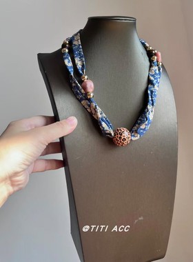 复古碎花雪纺丝巾豹纹吊坠项链女配饰轻奢小众高级感锁骨链卫衣链