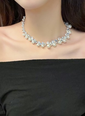 轻奢复古几何水钻珍珠choker项链女精致优雅锁骨链颈链百搭耳饰潮
