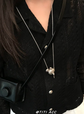 韩系ins风银色水壶吊坠长款项链女小众设计实心金属毛衣链配饰潮