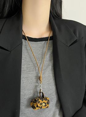 豹纹皮质小巧零钱包项链女耳机套