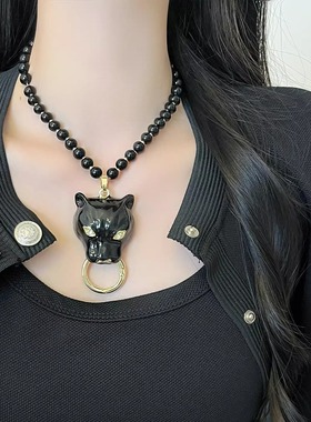 欧美复古黑色珐琅豹子头串珠项链女秋冬高级感锁骨链时尚个性颈链