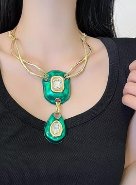 鬼才设计师交叉链条珐琅吊坠项链女轻奢高级感锁骨链个性潮流颈饰