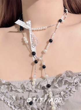 法式小香风波点蝴蝶结仿珍珠项链多层叠戴长款毛衣链气质百搭颈链