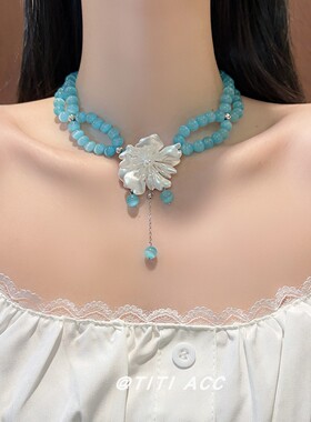 夏日清冷感湖蓝色串珠花朵项链女度假风流苏锁骨链小众设计感颈链