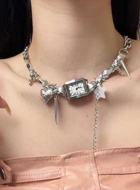 银色钟表皮革项链y2k女高级感