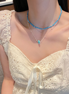 日韩ins风绿松石蓝色花朵项链春夏小清新叠戴锁骨链复古简约颈链