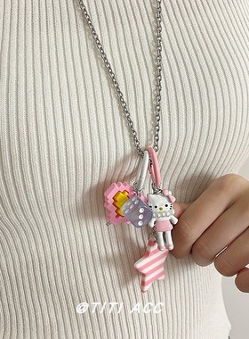 甜美粉色多巴胺kt猫爱心长款项链女小众甜酷少女风百搭锁骨链配饰
