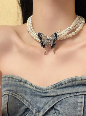 甜酷辣妹多层蓝色蝴蝶珍珠项链女