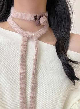 韩系ins氛围感花朵长条毛绒项链女时尚百搭围脖秋冬温柔系毛衣链