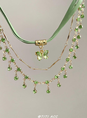 出逃千金~度假风夏日绿色蝴蝶项链女叠戴高级感锁骨链choker颈链