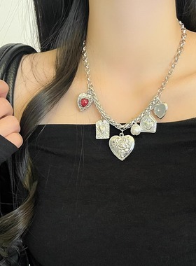 复古朋克风重工雕花爱心项链女精致choker叠戴毛衣链潮酷嘻哈颈链