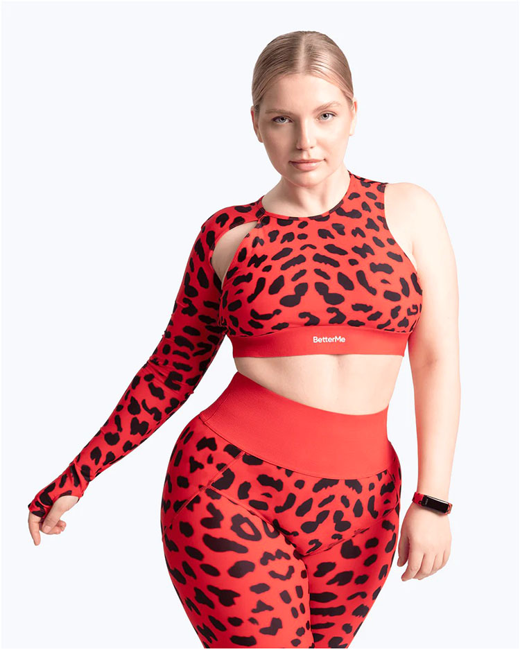 European and American hot girl style pole dance bar dance sexy female red BAO WEN Pilates aerial yoga one shoulder long sleeve