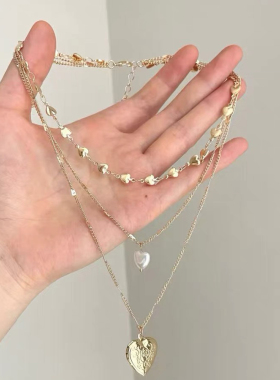 可打开爱心吊坠项链女中古vintage多层叠戴锁骨链个性时尚配饰潮