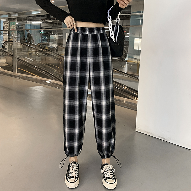 正点女孩旗舰店格子裤女宽松直筒垂感高腰年新款春秋显瘦束脚百搭休闲阔腿裤1