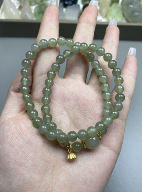 和田玉（珠宝）手链青海料晴水绿圆珠双圈手串女款玉石饰品送礼