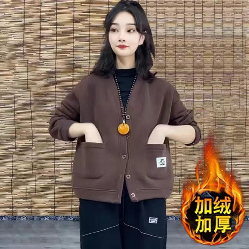 加绒加厚宽松显瘦女士卫衣秋冬2022新款爆款时尚洋气V领开衫外套 - 图1