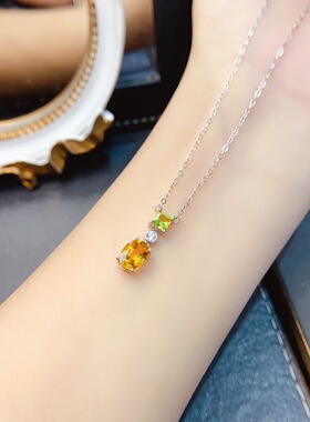 天然S925银黄水晶项链6*8mm轻奢高级感项链 新款网红饰品批发