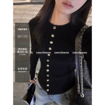 5werkwen black metal buckle round collar long sleeve knit cardiovert woman autumn winter workout hitch undershirt