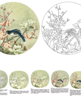 国画底稿白描线稿熟宣卡纸梅花直接上色圆形花鸟初学者临摹练习