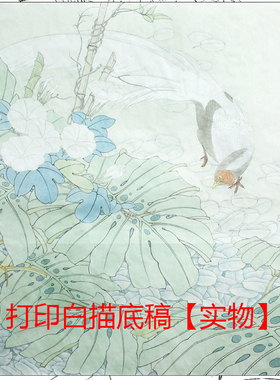 国画工笔画白描底稿斗方牡丹花鸟
