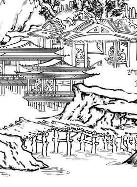 [大彩图】工笔画白描底稿竖幅山水李成晴峦萧寺图高清板绘线描
